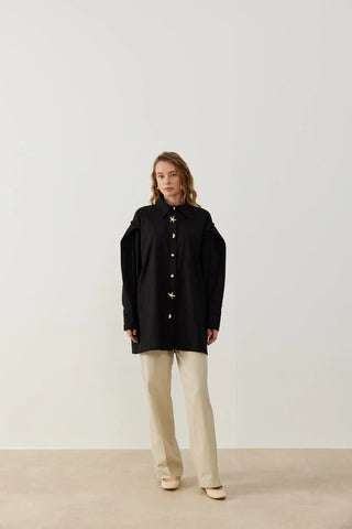 Piloma Düğme Detaylı Keten Gömlek Siyah
