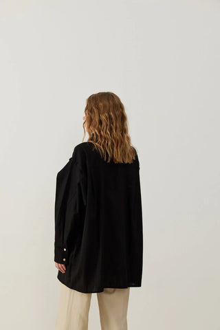 Piloma Düğme Detaylı Keten Gömlek Siyah