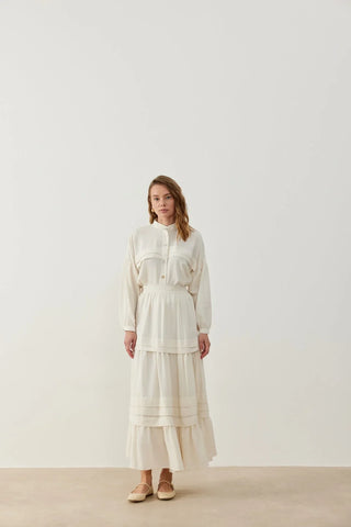Bella Nervürlü Etek Gömlek Takım Ekru