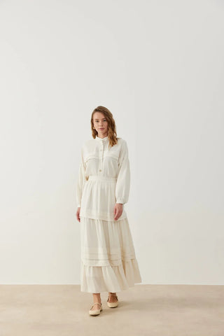 Bella Nervürlü Etek Gömlek Takım Ekru