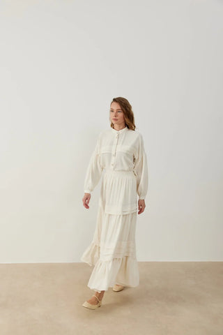 Bella Nervürlü Etek Gömlek Takım Ekru