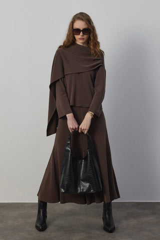 Jade Bluz ve Godeli Etek Takım Kahverengi