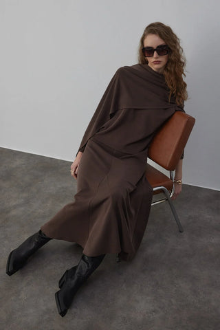 Jade Bluz ve Godeli Etek Takım Kahverengi