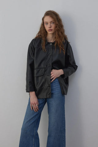 Sabana Astarlı Deri Ceket Siyah