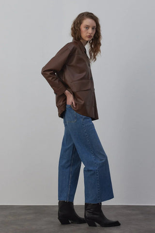 Sabana Astarlı Deri Ceket Kahverengi