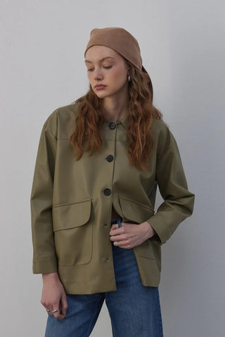 Sabana Astarlı Deri Ceket Yeşil