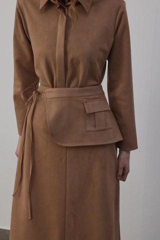 Kamisa Süet Gömlek ve Etek Takım Vizon