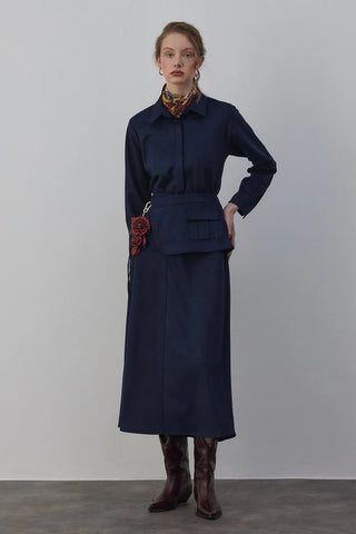 Kamisa Süet Gömlek ve Etek Takım Lacivert