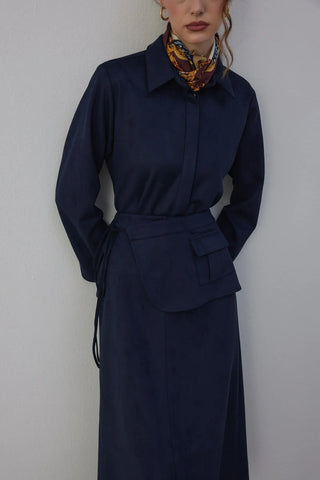 Kamisa Süet Gömlek ve Etek Takım Lacivert