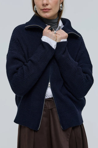 Çift Fermuarlı Yakalı Hırka Lacivert