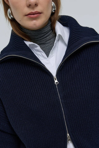 Çift Fermuarlı Yakalı Hırka Lacivert