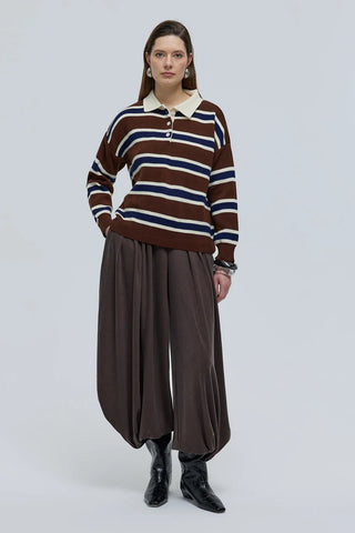 Polo Yaka Çizgili Triko Kazak Kahverengi