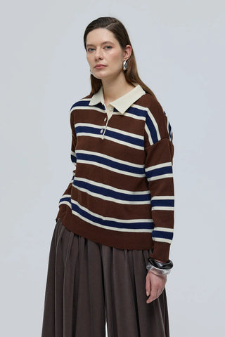 Polo Yaka Çizgili Triko Kazak Kahverengi