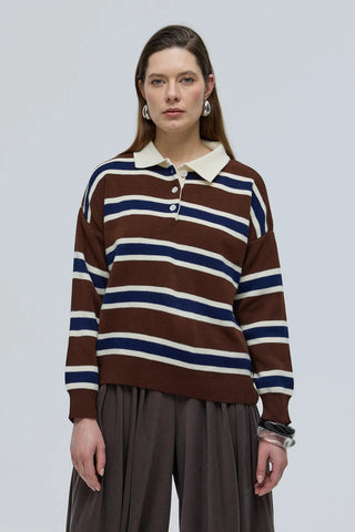 Polo Yaka Çizgili Triko Kazak Kahverengi