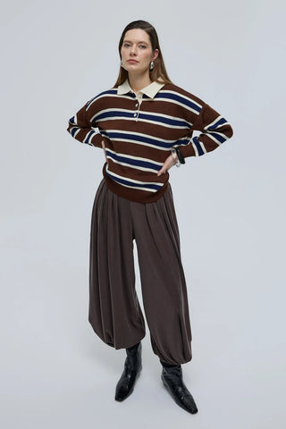 Polo Yaka Çizgili Triko Kazak Kahverengi