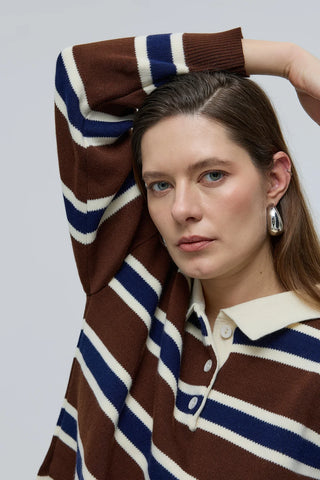 Polo Yaka Çizgili Triko Kazak Kahverengi