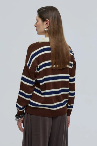 Polo Yaka Çizgili Triko Kazak Kahverengi