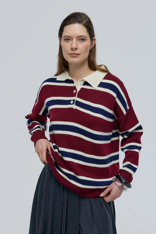 Polo Yaka Çizgili Triko Kazak Bordo