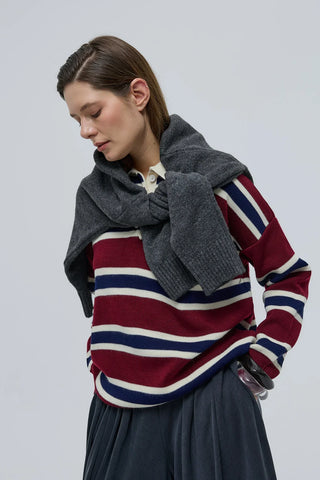 Polo Yaka Çizgili Triko Kazak Bordo