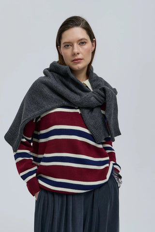 Polo Yaka Çizgili Triko Kazak Bordo