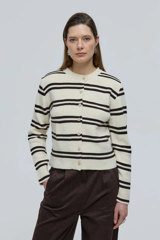Çizgili Basic Düğmeli Triko Hırka Krem