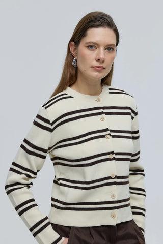 Çizgili Basic Düğmeli Triko Hırka Krem