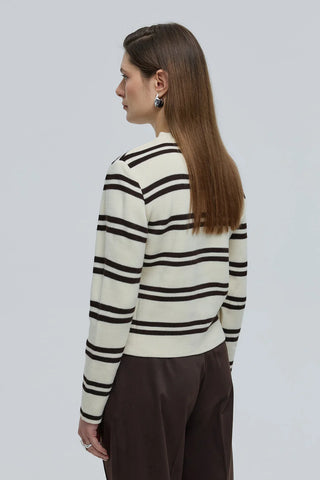 Çizgili Basic Düğmeli Triko Hırka Krem