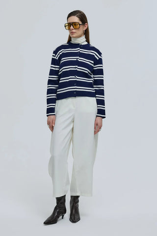 Çizgili Basic Düğmeli Triko Hırka Lacivert