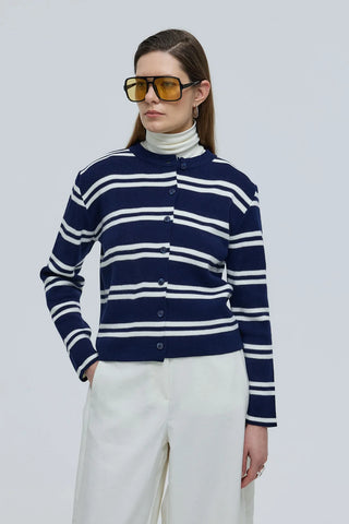 Çizgili Basic Düğmeli Triko Hırka Lacivert