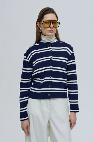 Çizgili Basic Düğmeli Triko Hırka Lacivert