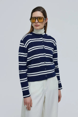 Çizgili Basic Düğmeli Triko Hırka Lacivert