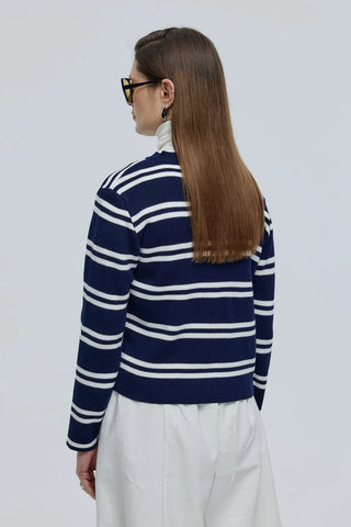 Çizgili Basic Düğmeli Triko Hırka Lacivert