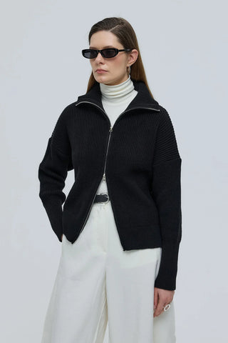 Çift Fermuarlı Yakalı Hırka Siyah