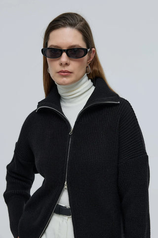 Çift Fermuarlı Yakalı Hırka Siyah