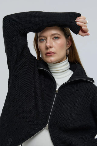 Çift Fermuarlı Yakalı Hırka Siyah