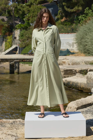Mist Keten Düğmeli Elbise Açık Yeşil