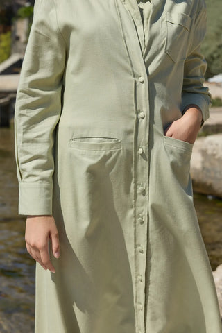 Mist Keten Düğmeli Elbise Açık Yeşil