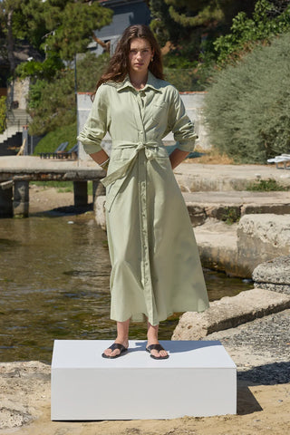 Mist Keten Düğmeli Elbise Açık Yeşil