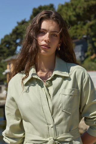 Mist Keten Düğmeli Elbise Açık Yeşil