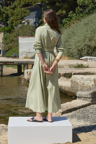 Mist Keten Düğmeli Elbise Açık Yeşil