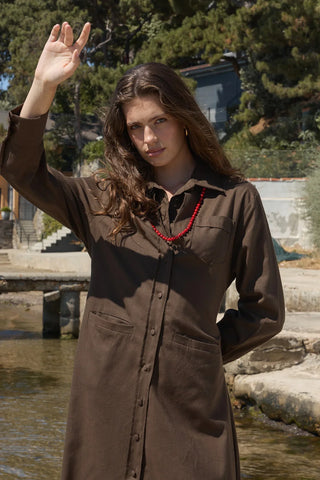 Mist Keten Düğmeli Elbise Kahverengi