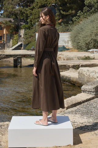 Mist Keten Düğmeli Elbise Kahverengi