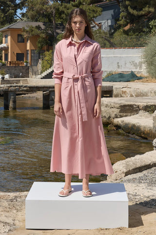 Mist Keten Düğmeli Elbise Pembe