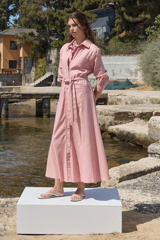 Mist Keten Düğmeli Elbise Pembe