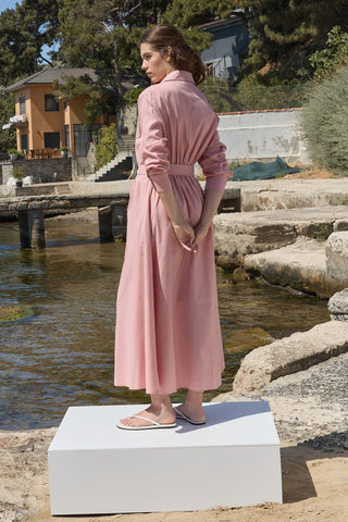 Mist Keten Düğmeli Elbise Pembe