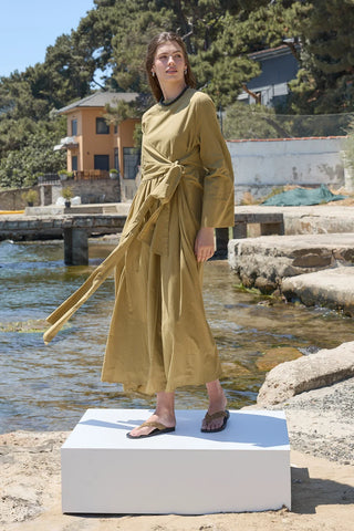 Forest Bağlamalı Vual Elbise Yağ Yeşili