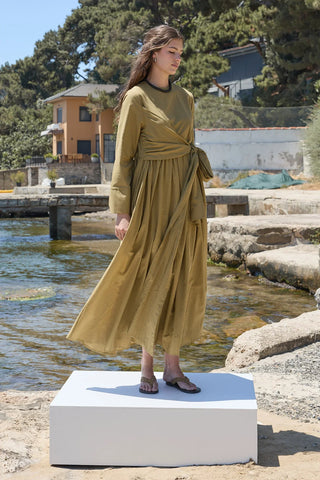 Forest Bağlamalı Vual Elbise Yağ Yeşili