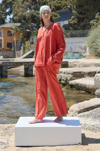 Haze Nervürlü Keten Pantolon Kiremit