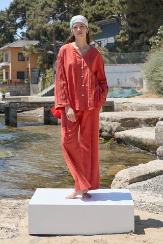 Haze Nervürlü Keten Tunik Kiremit