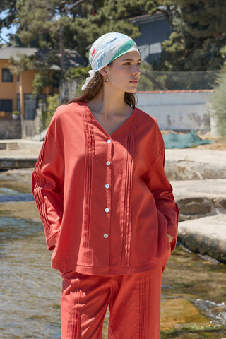 Haze Nervürlü Keten Tunik Kiremit